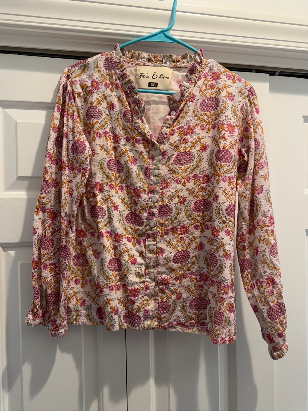 Fox and Hen Pink Floral Button-Front Cotton Top